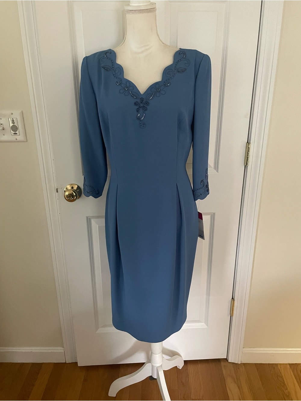 Maggy London Dusty Blue with blue sequins V-Neck Midi Dress
